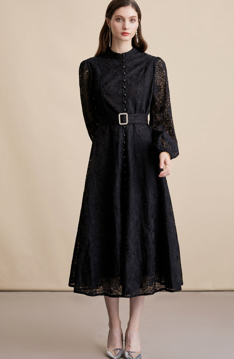 CM-DY054194 Women Elegant European Style Lace Embroidery Stand Collar Long Sleeve Belted MIdi Dress - Black