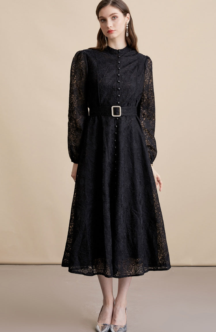 CM-DY054194 Women Elegant European Style Lace Embroidery Stand Collar Long Sleeve Belted MIdi Dress - Black