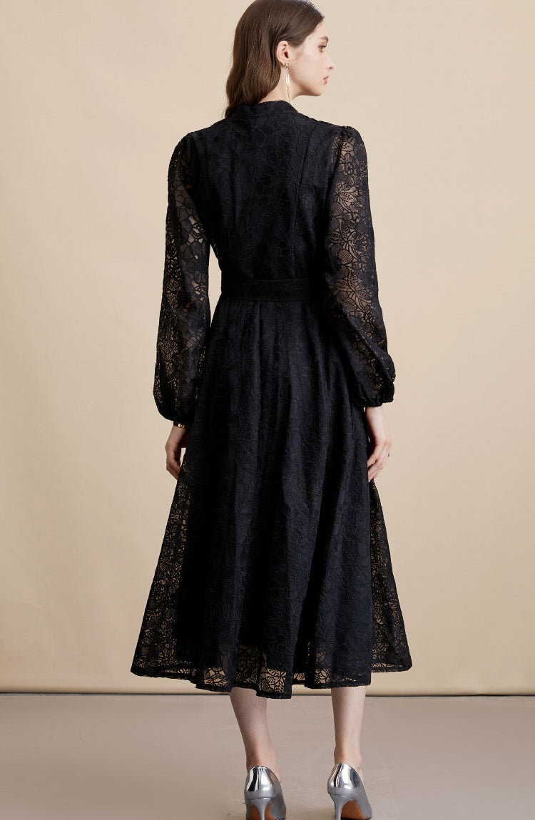 CM-DY054194 Women Elegant European Style Lace Embroidery Stand Collar Long Sleeve Belted MIdi Dress - Black