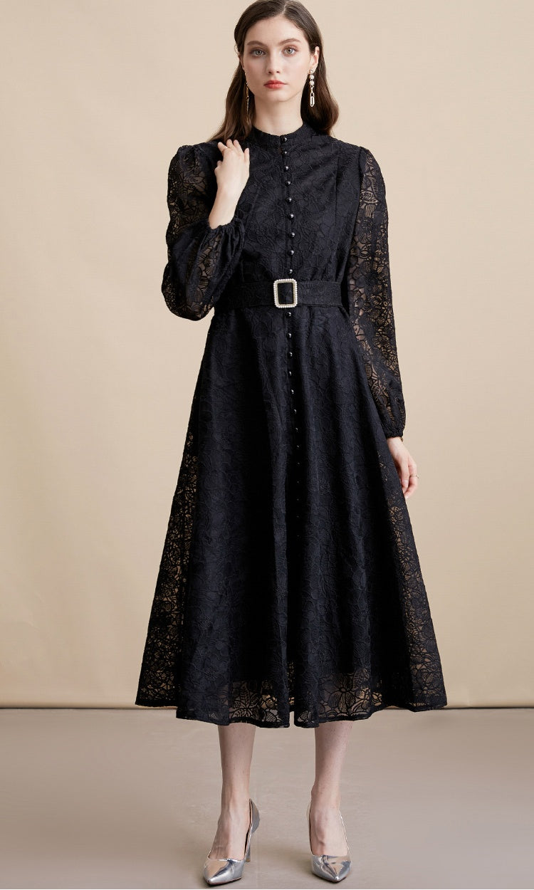CM-DY054194 Women Elegant European Style Lace Embroidery Stand Collar Long Sleeve Belted MIdi Dress - Black