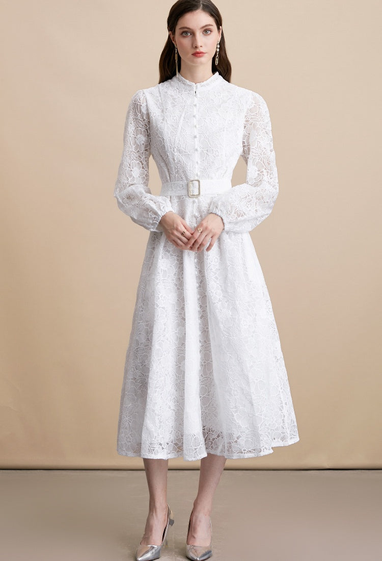 CM-DY054195 Women Elegant European Style Lace Embroidery Stand Collar Long Sleeve Belted MIdi Dress - White