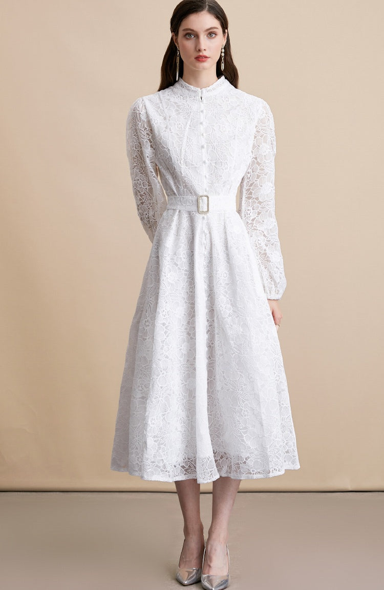 CM-DY054195 Women Elegant European Style Lace Embroidery Stand Collar Long Sleeve Belted MIdi Dress - White