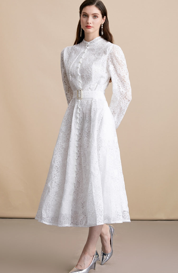 CM-DY054195 Women Elegant European Style Lace Embroidery Stand Collar Long Sleeve Belted MIdi Dress - White