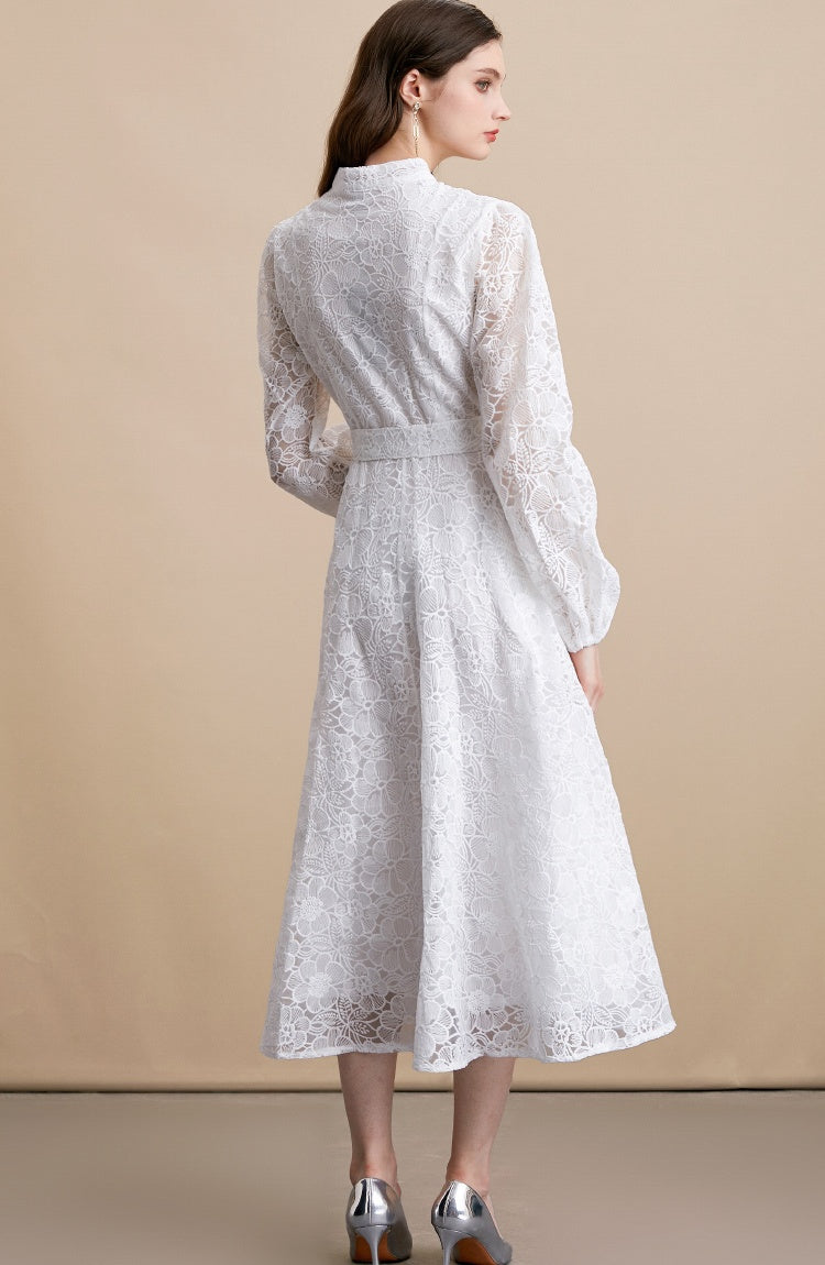 CM-DY054195 Women Elegant European Style Lace Embroidery Stand Collar Long Sleeve Belted MIdi Dress - White