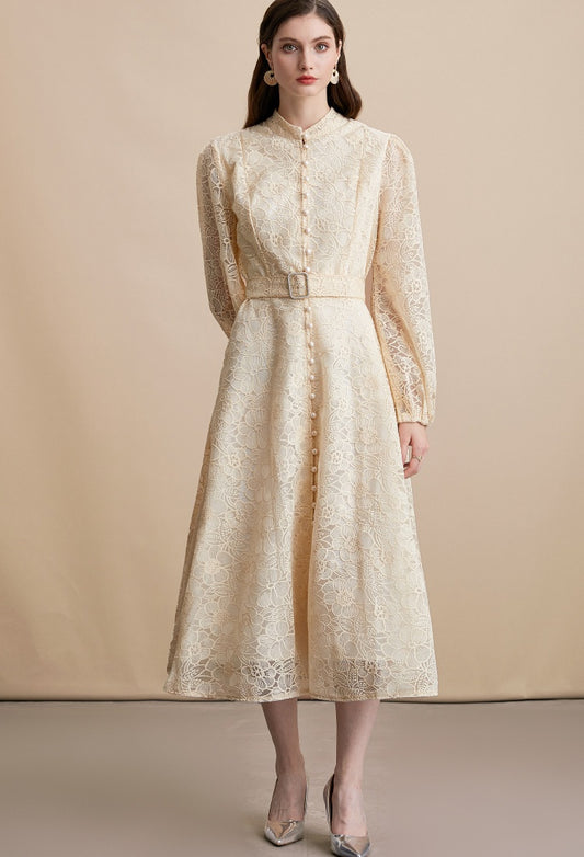 CM-DY054196 Women Elegant European Style Lace Embroidery Stand Collar Long Sleeve Belted MIdi Dress - Apricot