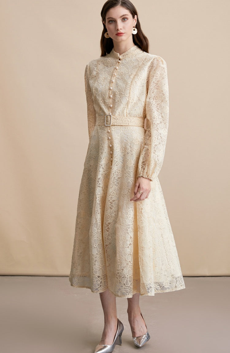 CM-DY054196 Women Elegant European Style Lace Embroidery Stand Collar Long Sleeve Belted MIdi Dress - Apricot