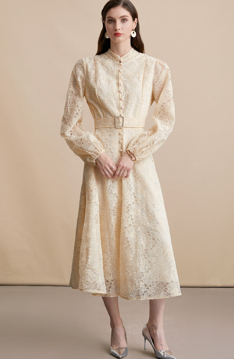 CM-DY054196 Women Elegant European Style Lace Embroidery Stand Collar Long Sleeve Belted MIdi Dress - Apricot