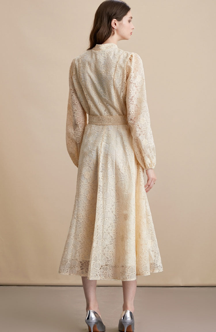CM-DY054196 Women Elegant European Style Lace Embroidery Stand Collar Long Sleeve Belted MIdi Dress - Apricot