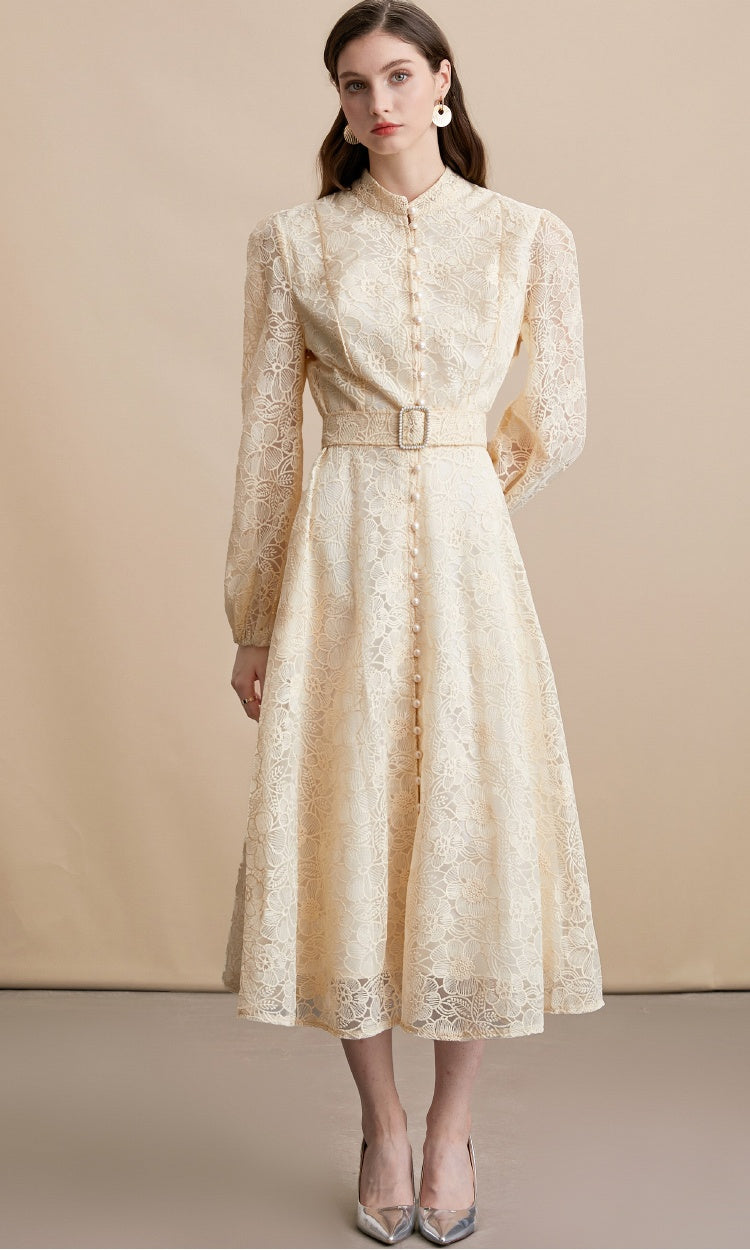 CM-DY054196 Women Elegant European Style Lace Embroidery Stand Collar Long Sleeve Belted MIdi Dress - Apricot