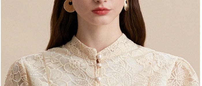 CM-DY054196 Women Elegant European Style Lace Embroidery Stand Collar Long Sleeve Belted MIdi Dress - Apricot