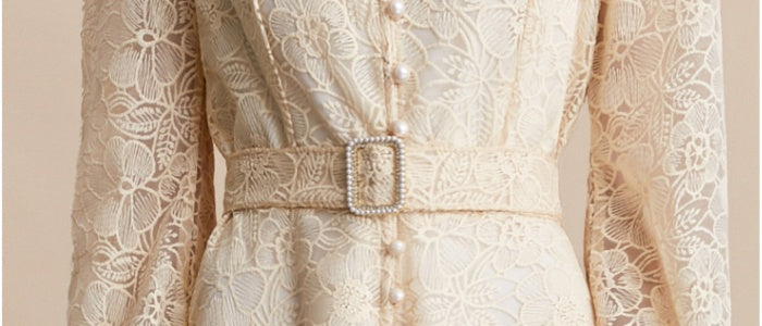 CM-DY054196 Women Elegant European Style Lace Embroidery Stand Collar Long Sleeve Belted MIdi Dress - Apricot