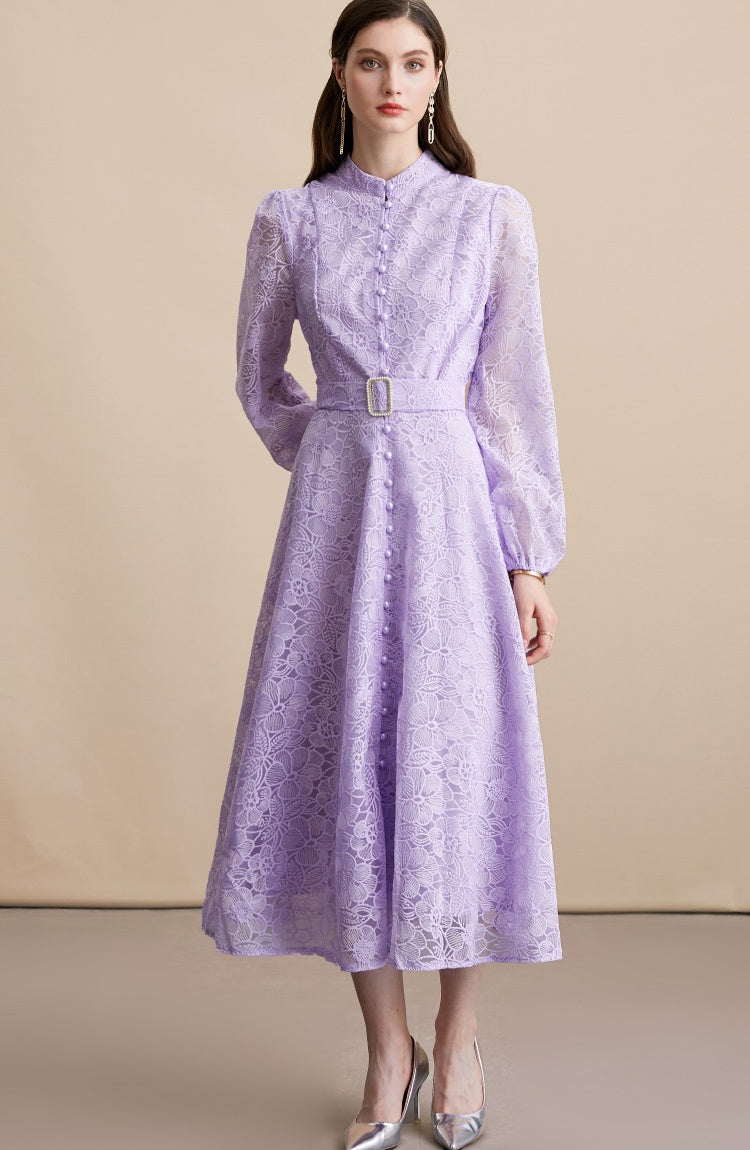 CM-DY054197 Women Elegant European Style Lace Embroidery Stand Collar Long Sleeve Belted MIdi Dress - Purple