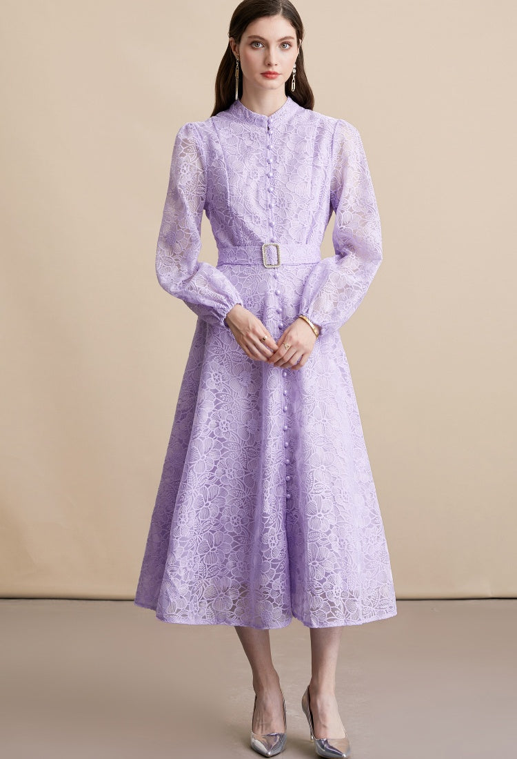 CM-DY054197 Women Elegant European Style Lace Embroidery Stand Collar Long Sleeve Belted MIdi Dress - Purple