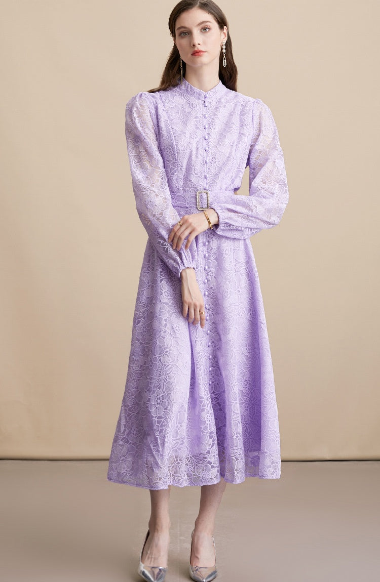 CM-DY054197 Women Elegant European Style Lace Embroidery Stand Collar Long Sleeve Belted MIdi Dress - Purple