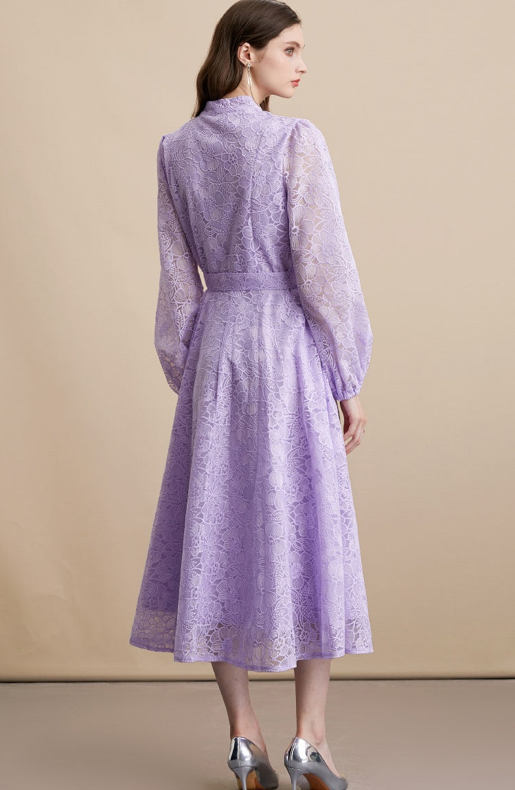 CM-DY054197 Women Elegant European Style Lace Embroidery Stand Collar Long Sleeve Belted MIdi Dress - Purple