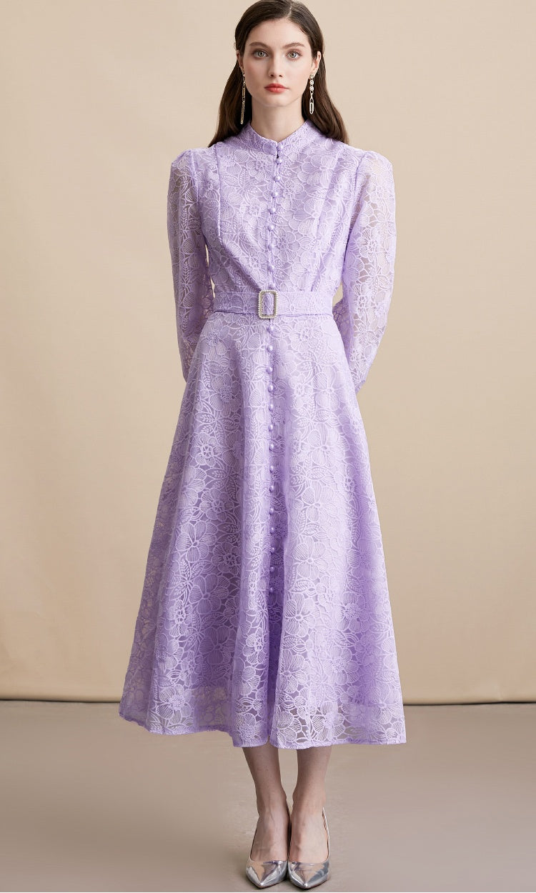 CM-DY054197 Women Elegant European Style Lace Embroidery Stand Collar Long Sleeve Belted MIdi Dress - Purple