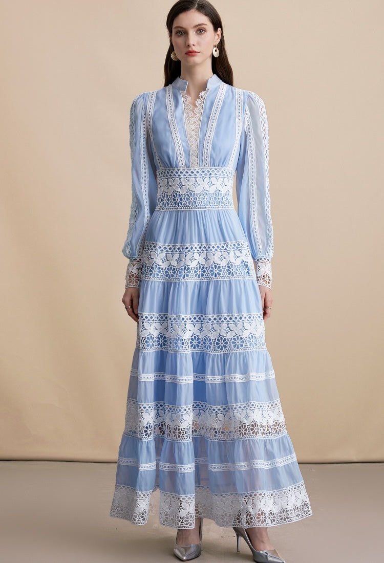CM-DY054198 Women Elegant European Style Embroidery V-Neck Long Sleeve Pinched Waist Maxi Dress - Blue
