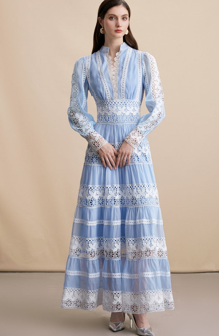 CM-DY054198 Women Elegant European Style Embroidery V-Neck Long Sleeve Pinched Waist Maxi Dress - Blue