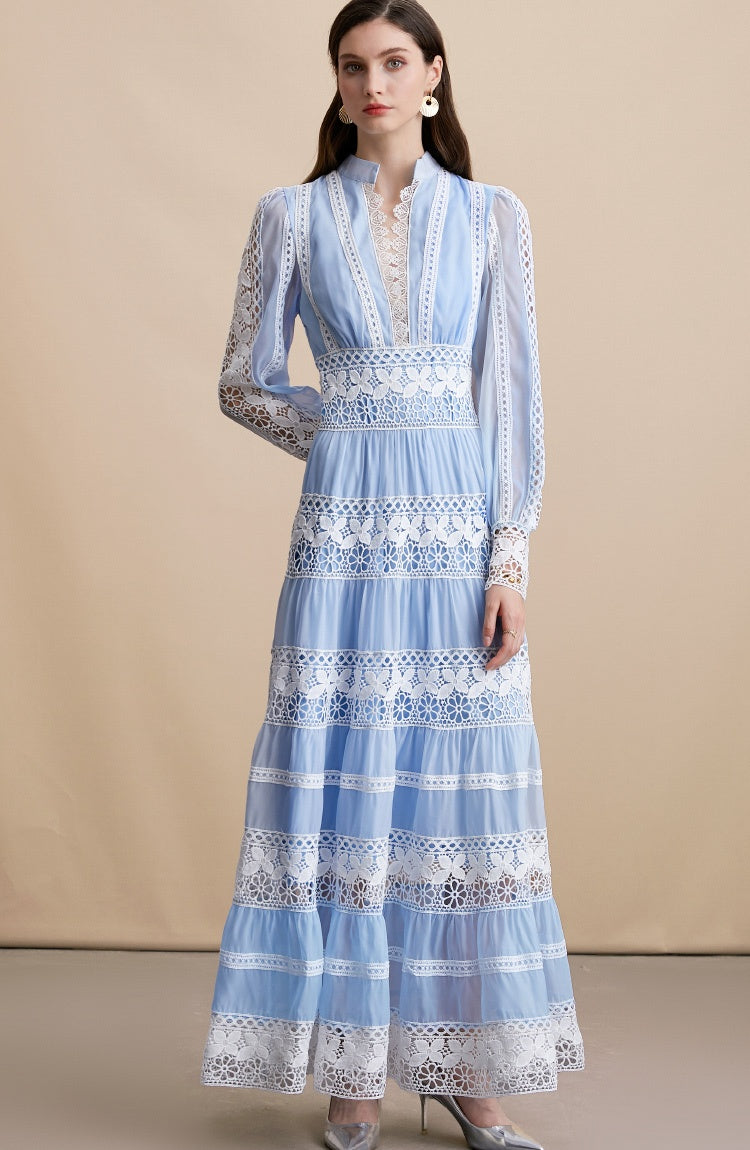 CM-DY054198 Women Elegant European Style Embroidery V-Neck Long Sleeve Pinched Waist Maxi Dress - Blue
