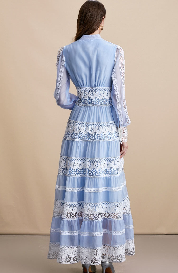 CM-DY054198 Women Elegant European Style Embroidery V-Neck Long Sleeve Pinched Waist Maxi Dress - Blue