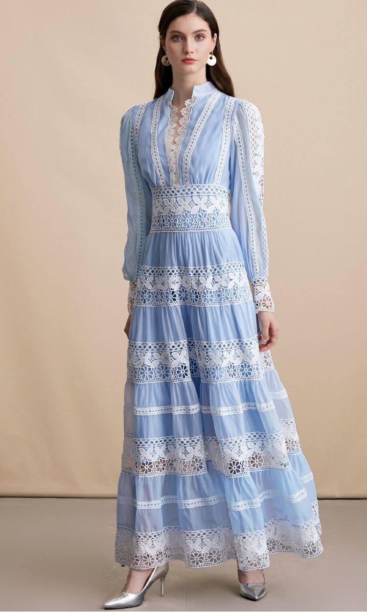 CM-DY054198 Women Elegant European Style Embroidery V-Neck Long Sleeve Pinched Waist Maxi Dress - Blue
