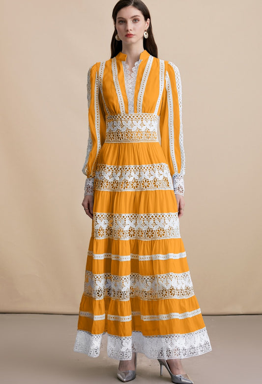 CM-DY054199 Women Elegant European Style Embroidery V-Neck Long Sleeve Pinched Waist Maxi Dress - Yellow