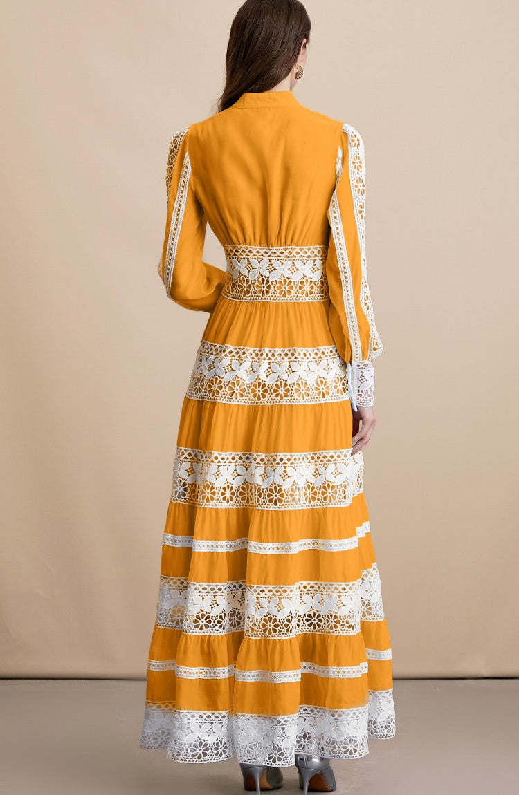 CM-DY054199 Women Elegant European Style Embroidery V-Neck Long Sleeve Pinched Waist Maxi Dress - Yellow
