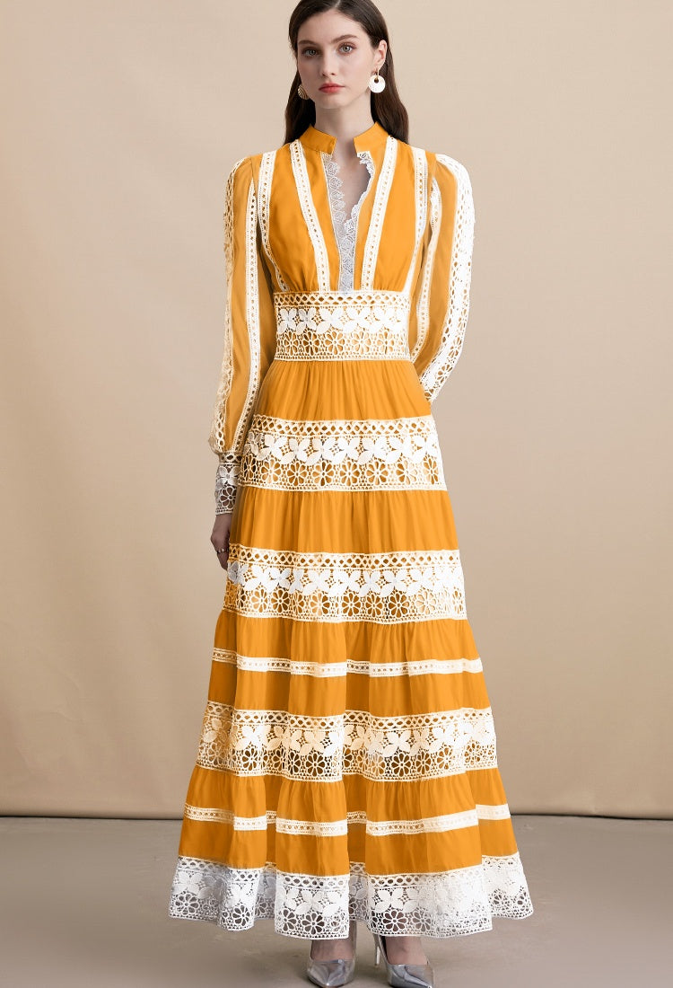 CM-DY054199 Women Elegant European Style Embroidery V-Neck Long Sleeve Pinched Waist Maxi Dress - Yellow