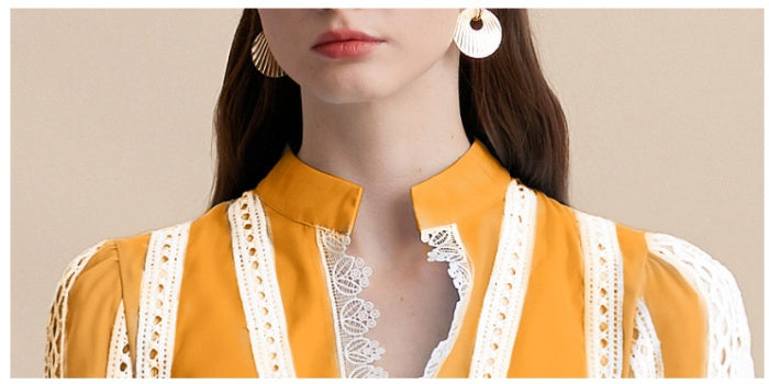 CM-DY054199 Women Elegant European Style Embroidery V-Neck Long Sleeve Pinched Waist Maxi Dress - Yellow