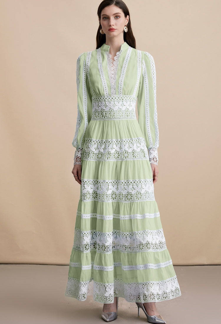 CM-DY054270 Women Elegant European Style Embroidery V-Neck Long Sleeve Pinched Waist Maxi Dress - Green