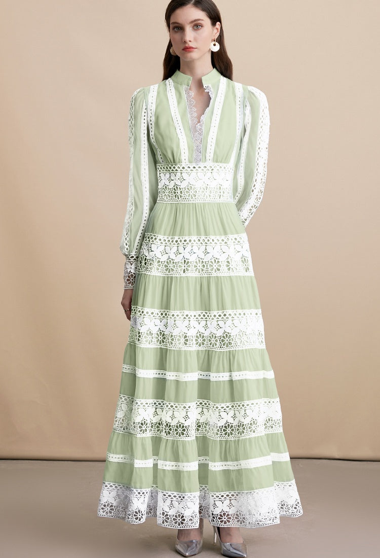 CM-DY054270 Women Elegant European Style Embroidery V-Neck Long Sleeve Pinched Waist Maxi Dress - Green