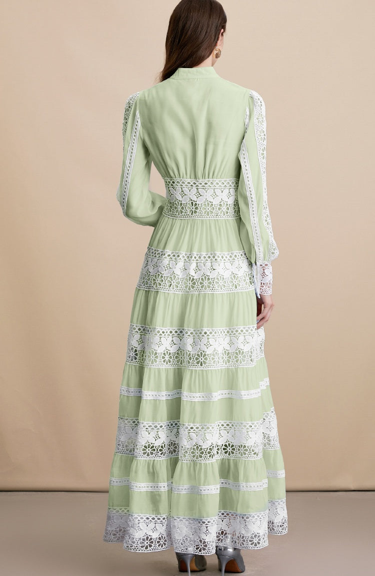 CM-DY054270 Women Elegant European Style Embroidery V-Neck Long Sleeve Pinched Waist Maxi Dress - Green
