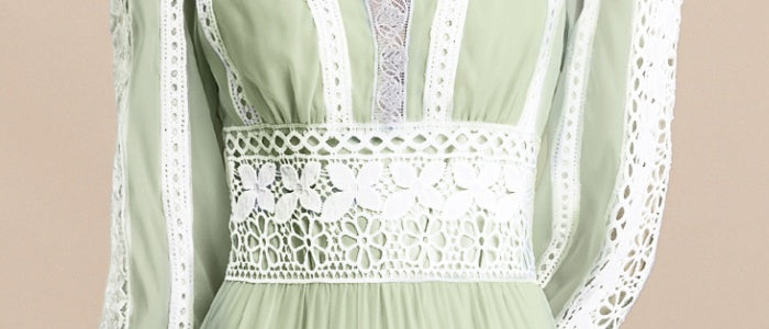 CM-DY054270 Women Elegant European Style Embroidery V-Neck Long Sleeve Pinched Waist Maxi Dress - Green