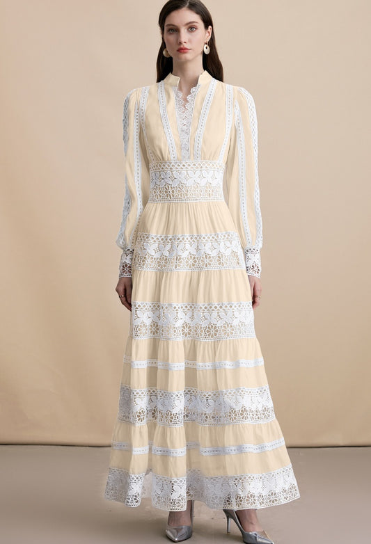 CM-DY054271 Women Elegant European Style Embroidery V-Neck Long Sleeve Pinched Waist Maxi Dress - Apricot