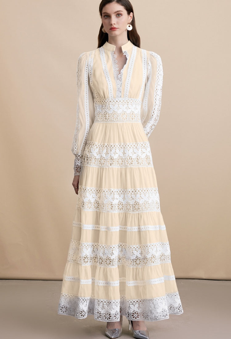 CM-DY054271 Women Elegant European Style Embroidery V-Neck Long Sleeve Pinched Waist Maxi Dress - Apricot
