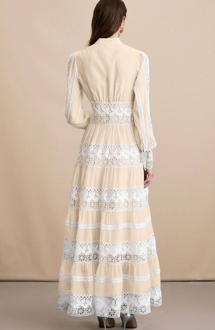 CM-DY054271 Women Elegant European Style Embroidery V-Neck Long Sleeve Pinched Waist Maxi Dress - Apricot