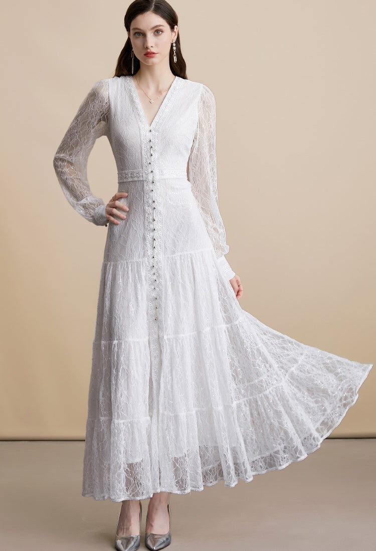 CM-DY054272 Women Elegant European Style V-Neck Long Sleeve Pinched Waist Long Dress - White