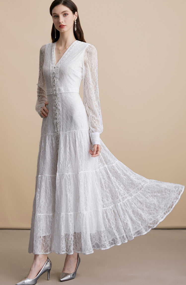 CM-DY054272 Women Elegant European Style V-Neck Long Sleeve Pinched Waist Long Dress - White