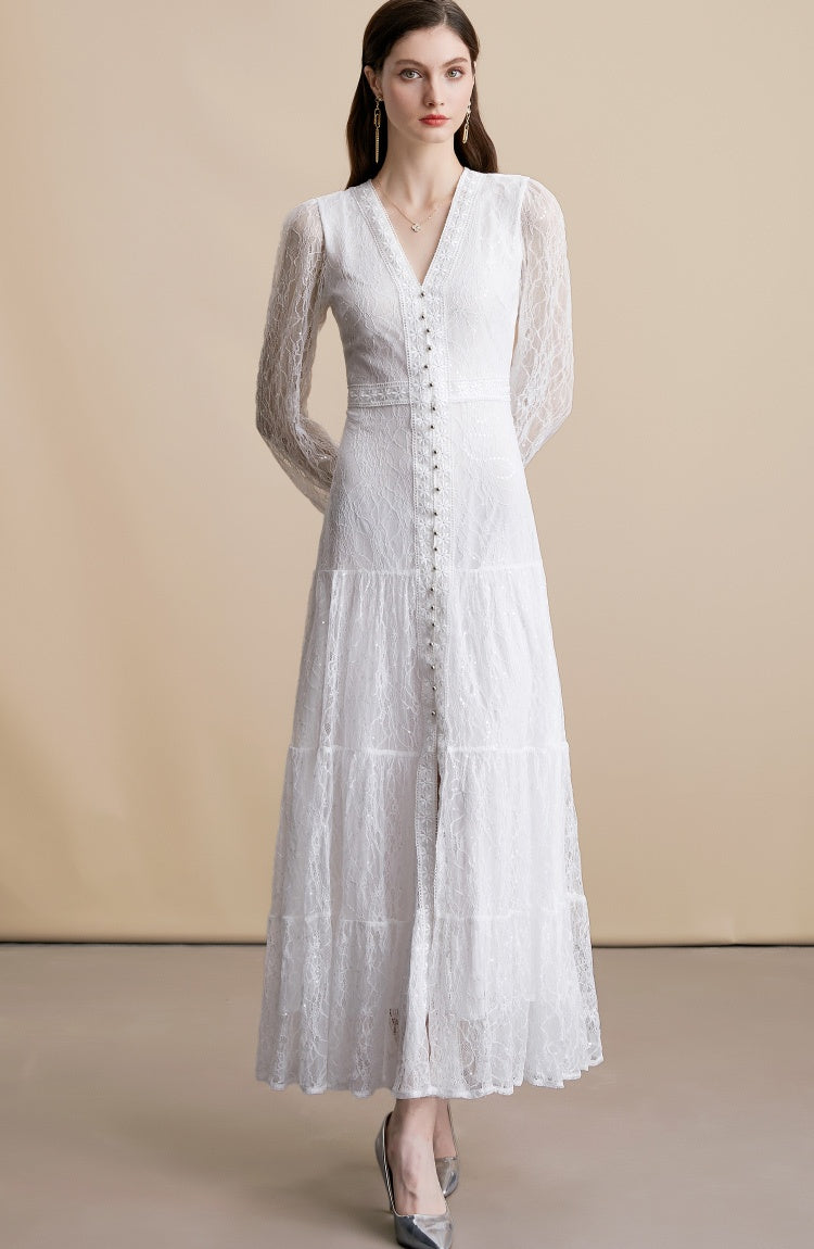 CM-DY054272 Women Elegant European Style V-Neck Long Sleeve Pinched Waist Long Dress - White