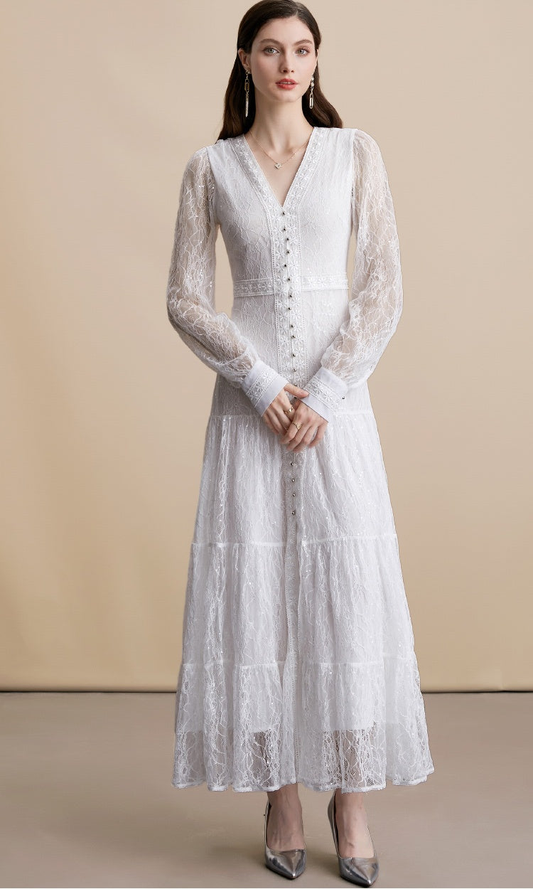 CM-DY054272 Women Elegant European Style V-Neck Long Sleeve Pinched Waist Long Dress - White