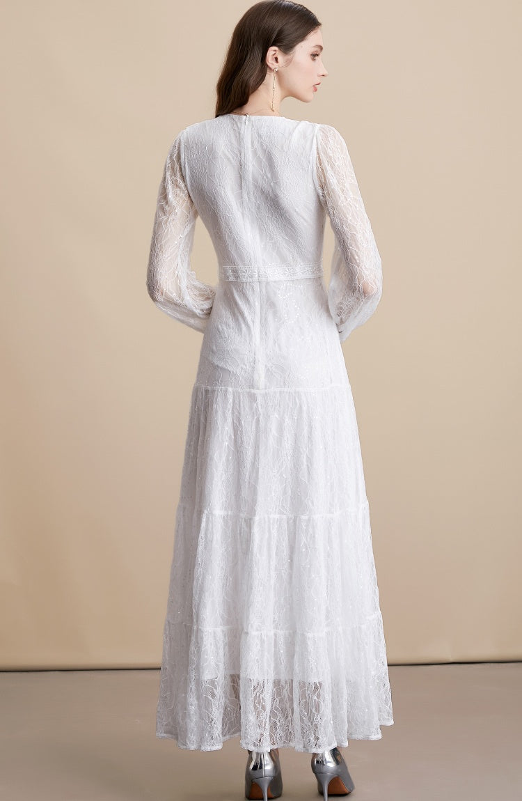 CM-DY054272 Women Elegant European Style V-Neck Long Sleeve Pinched Waist Long Dress - White