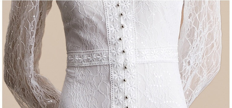 CM-DY054272 Women Elegant European Style V-Neck Long Sleeve Pinched Waist Long Dress - White