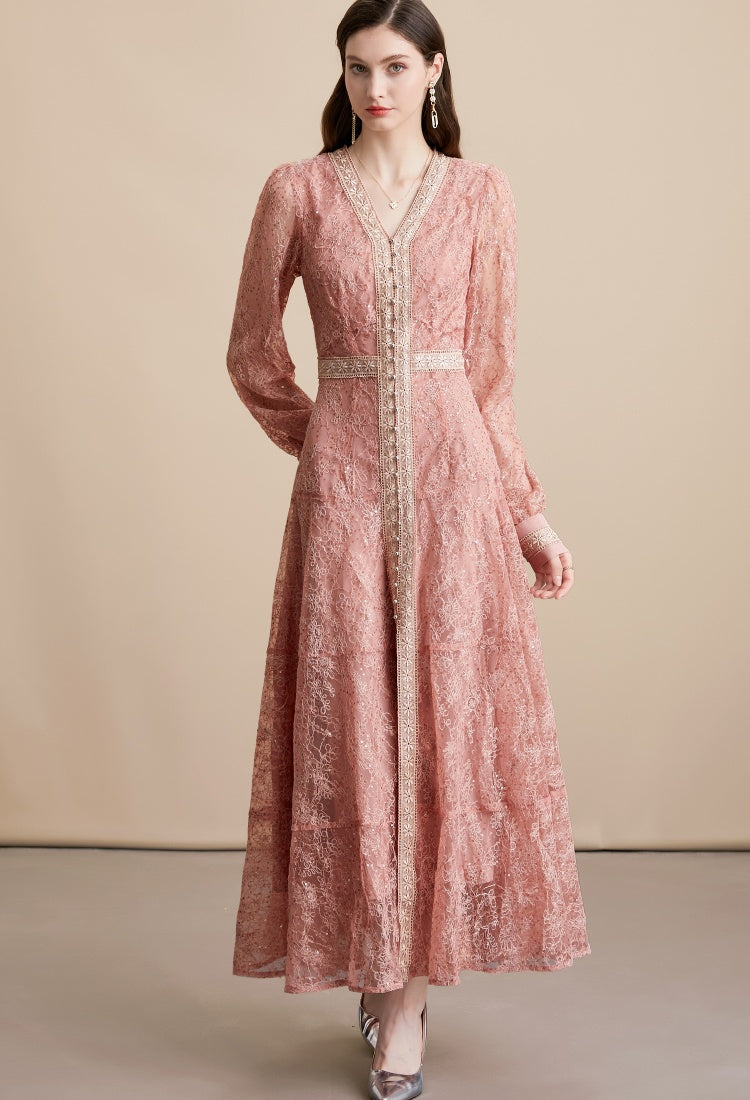 CM-DY054273 Women Elegant European Style V-Neck Long Sleeve Pinched Waist Long Dress - Red
