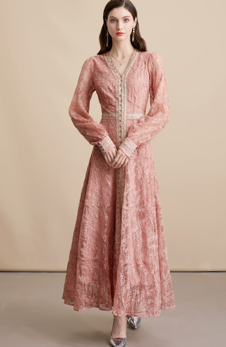 CM-DY054273 Women Elegant European Style V-Neck Long Sleeve Pinched Waist Long Dress - Red