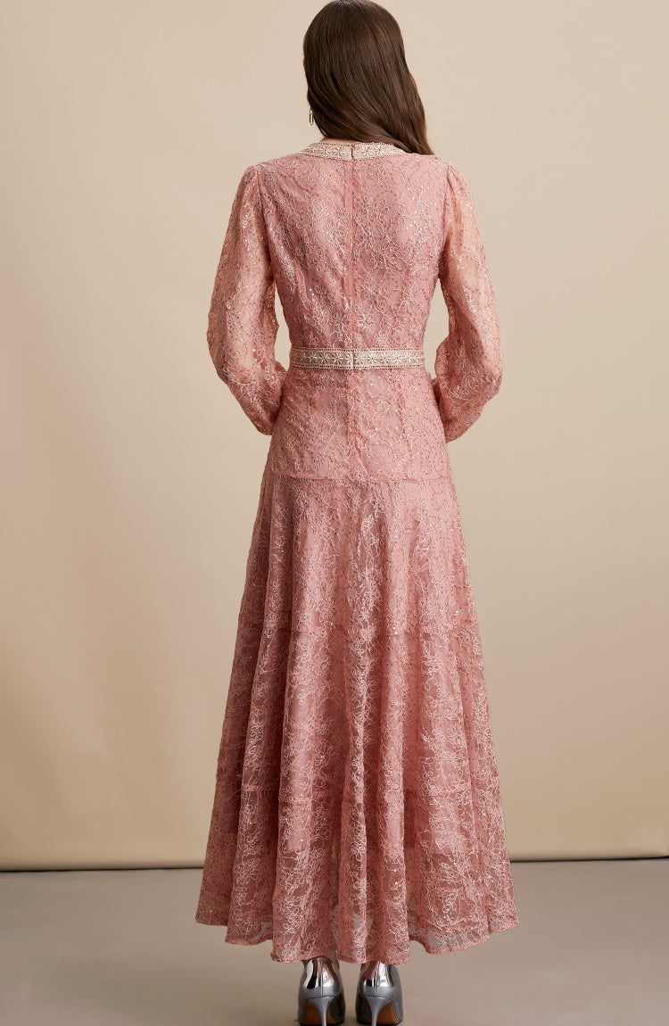 CM-DY054273 Women Elegant European Style V-Neck Long Sleeve Pinched Waist Long Dress - Red