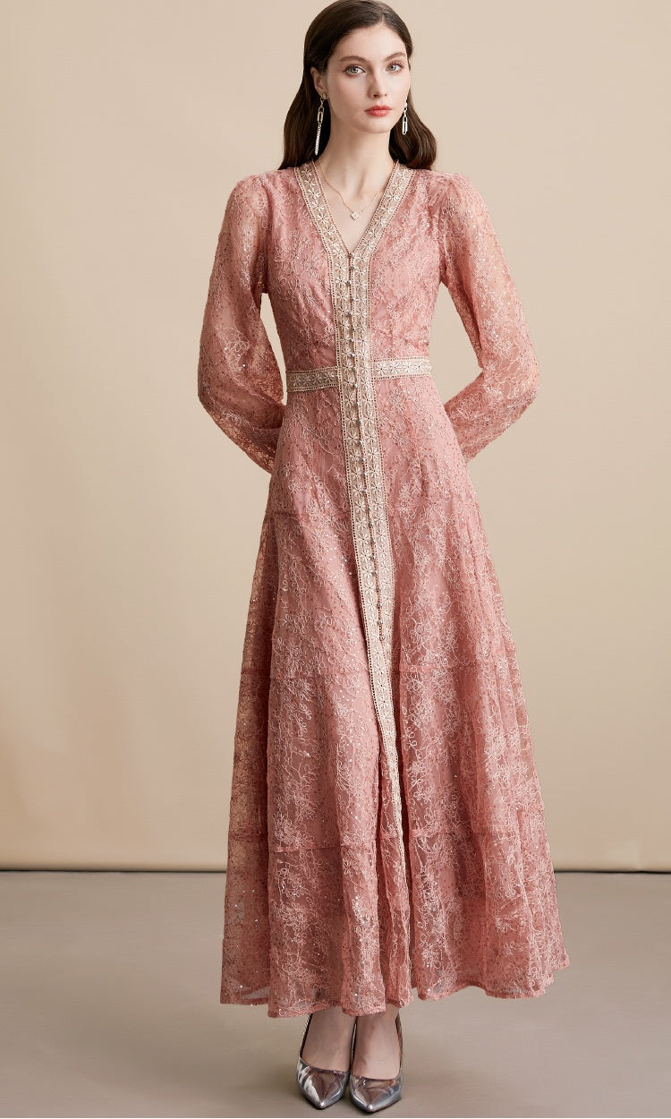 CM-DY054273 Women Elegant European Style V-Neck Long Sleeve Pinched Waist Long Dress - Red