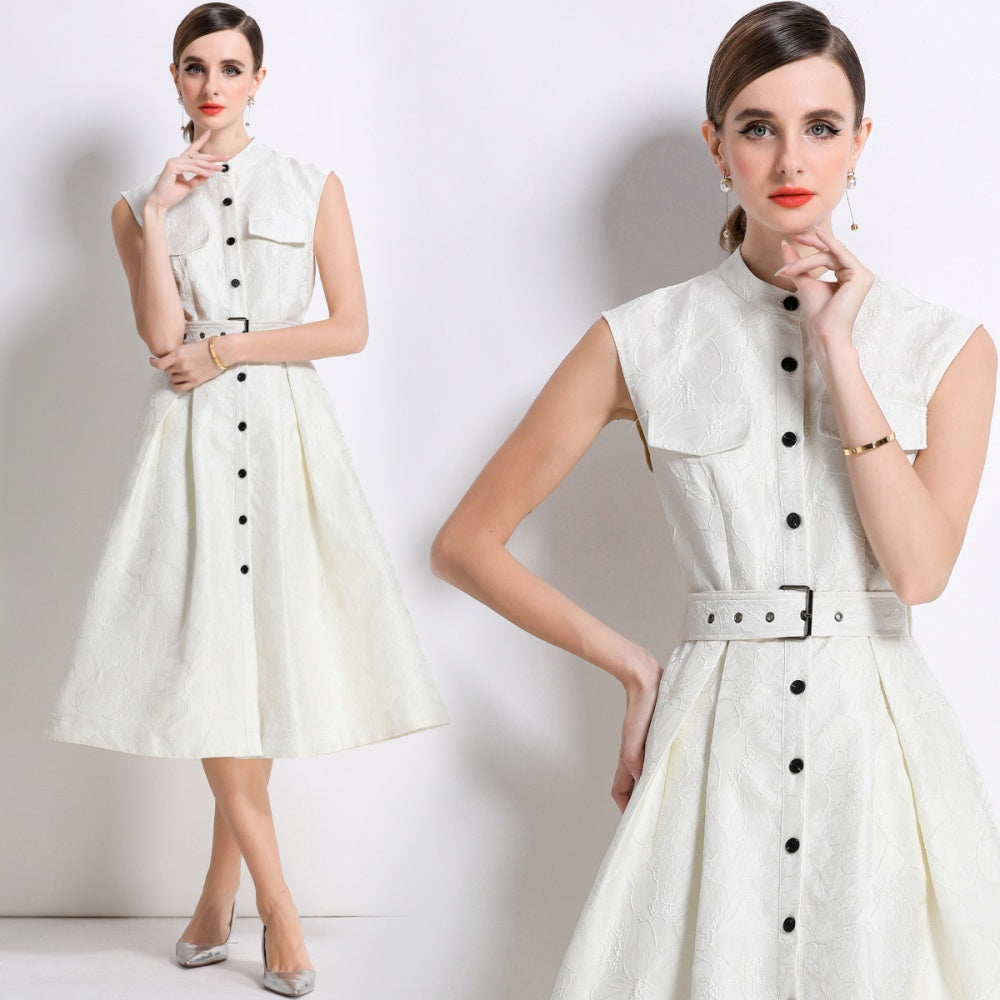 CM-DY054300 Women Elegant European Style Stand Collar Sleeveless Slim Mid-Length Dress - Apricot