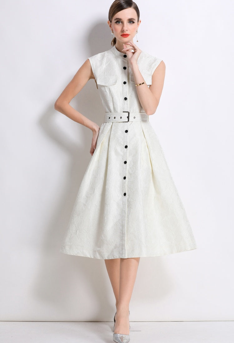 CM-DY054300 Women Elegant European Style Stand Collar Sleeveless Slim Mid-Length Dress - Apricot