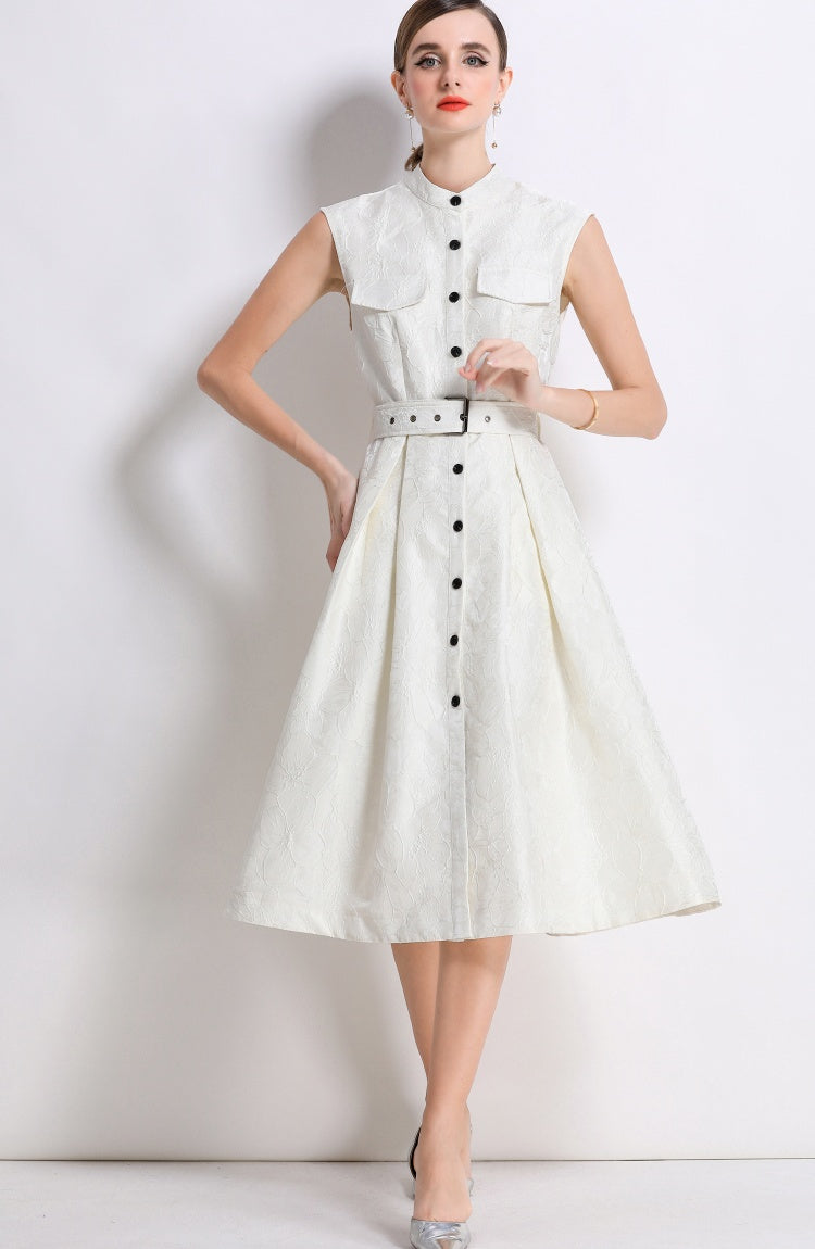 CM-DY054300 Women Elegant European Style Stand Collar Sleeveless Slim Mid-Length Dress - Apricot