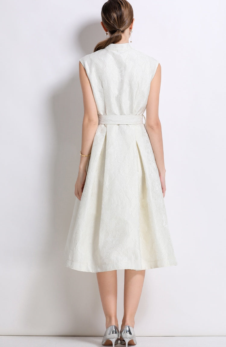 CM-DY054300 Women Elegant European Style Stand Collar Sleeveless Slim Mid-Length Dress - Apricot